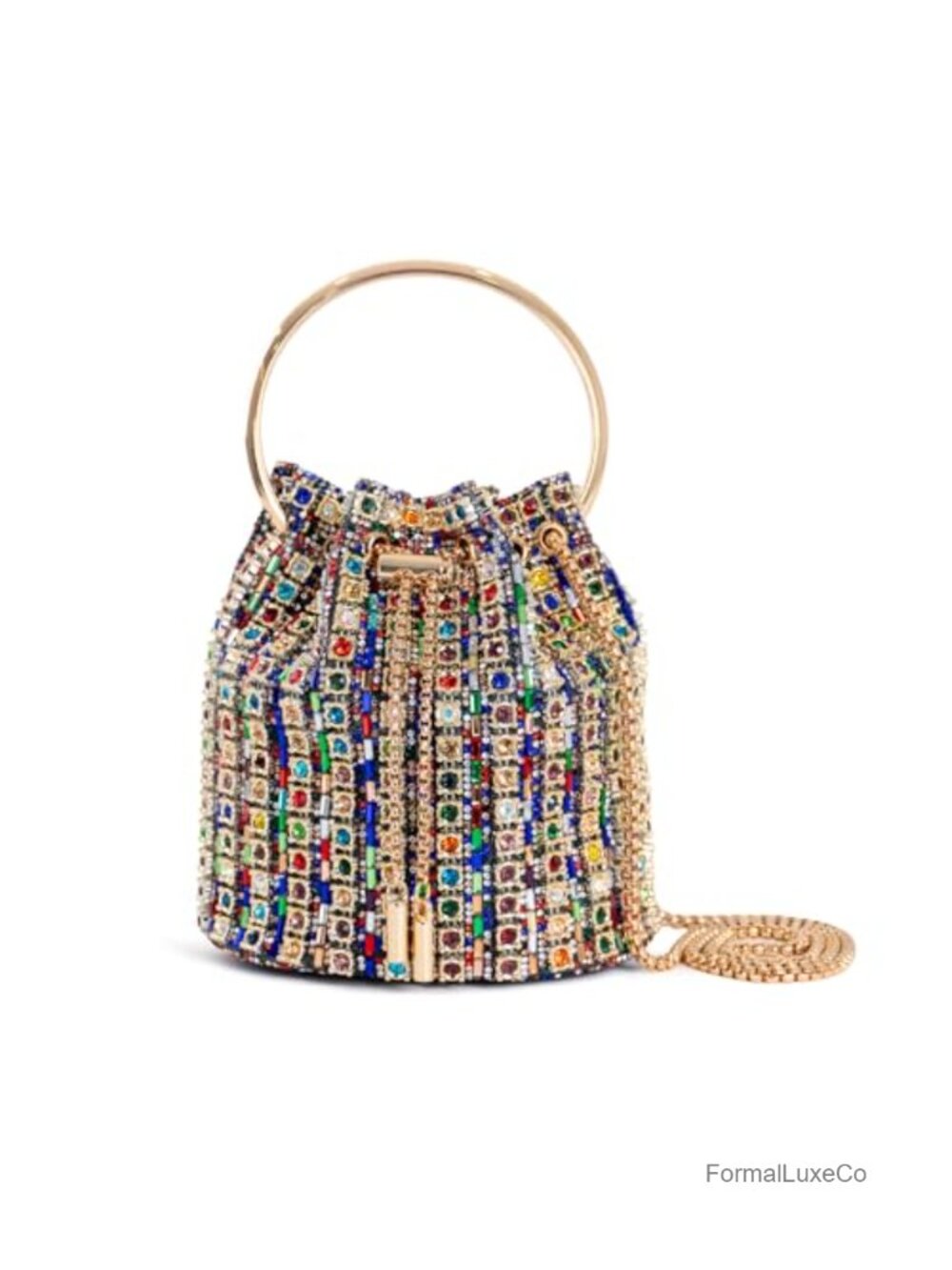 Multicolor Crystal Rhinestone Bucket Bag with Ring Handle Gold Chain Strap